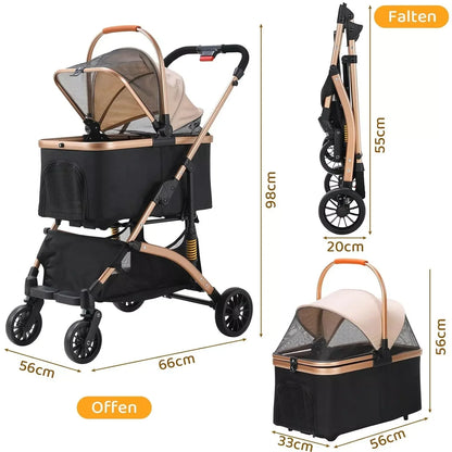 Dog Buggy 2 in 1 Stroller.   Transport Foldable Cat Stroller, 360° Wear-resistant Rubber Wheels, with Storage Basket