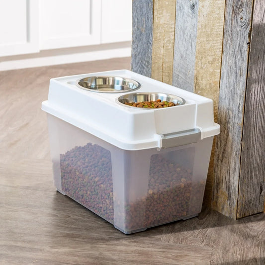 Airtight Pet Food Container.  Dog/Cat Food Storage Bin. Treat Box with Bowls Durable Clear Body Easy Access Secure Lid