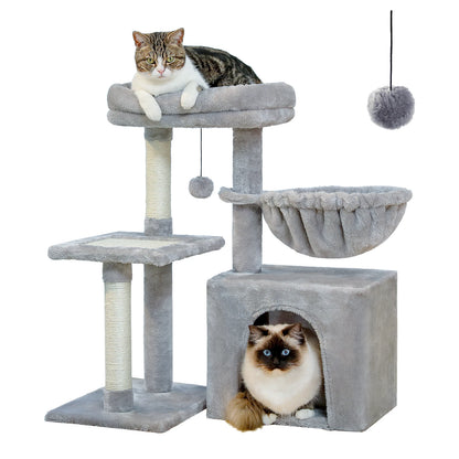 This Cat Tree Tower offers indoor cats endless fun and relaxation. Featuring cat scratching posts, a big hammock, and a removable top perch in two stylish designs, it’s perfect for climbing, lounging, and playtime in comfor