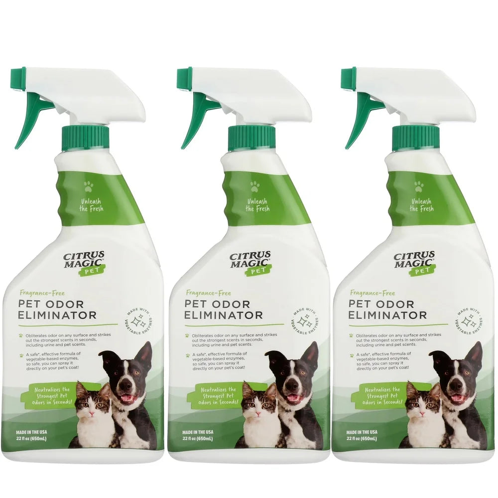 Pet Odor Eliminator Enzyme Spray Non-Staining Formula Carpets Bedding Upholstery Safe Pets 3 Pack 22oz Each