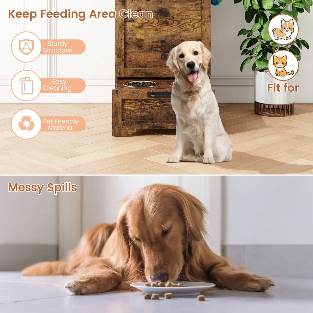 Dog Feeding Station with Hidden Storage Cabinet Flip-Top Design Stainless Steel Bowls Modern Organizer Large Dogs Home Decor