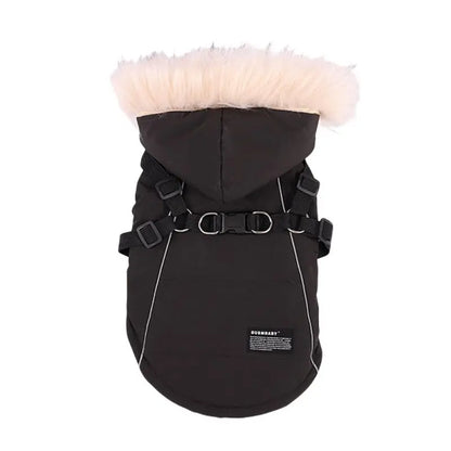 Autumn Winter Warm Pet Jacket With Harness. Hooded Padded Coat with Imitation Fur Hat For Small Medium Dogs