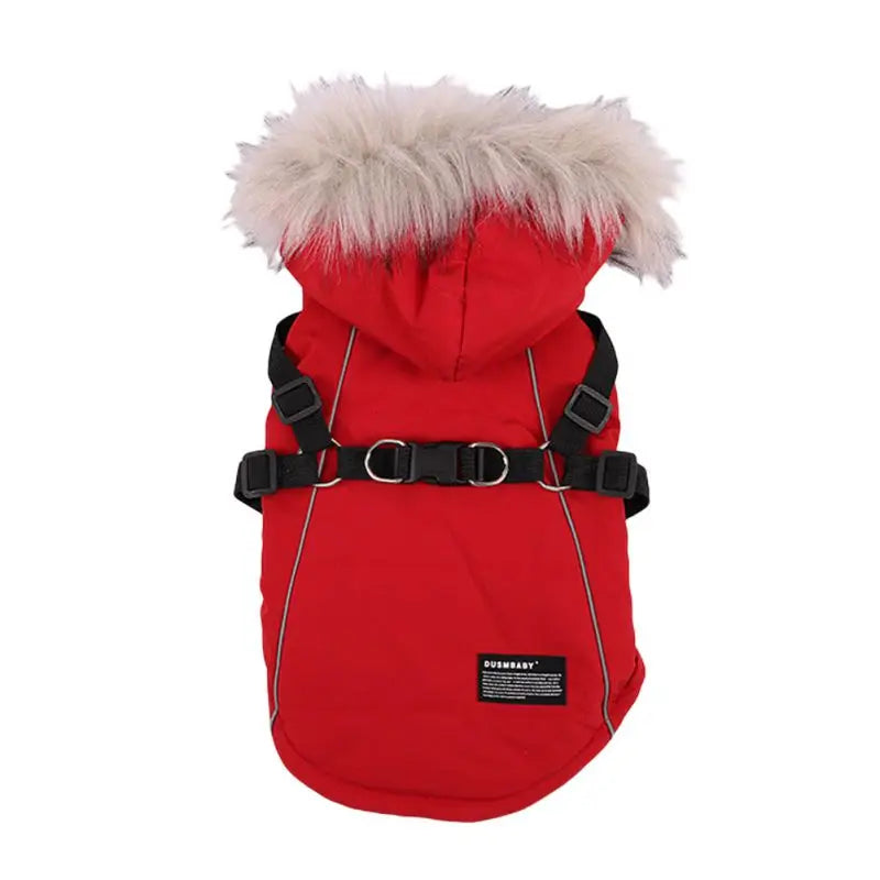 Autumn Winter Warm Pet Jacket With Harness. Hooded Padded Coat with Imitation Fur Hat For Small Medium Dogs