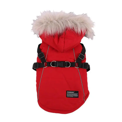 Autumn Winter Warm Pet Jacket With Harness. Hooded Padded Coat with Imitation Fur Hat For Small Medium Dogs