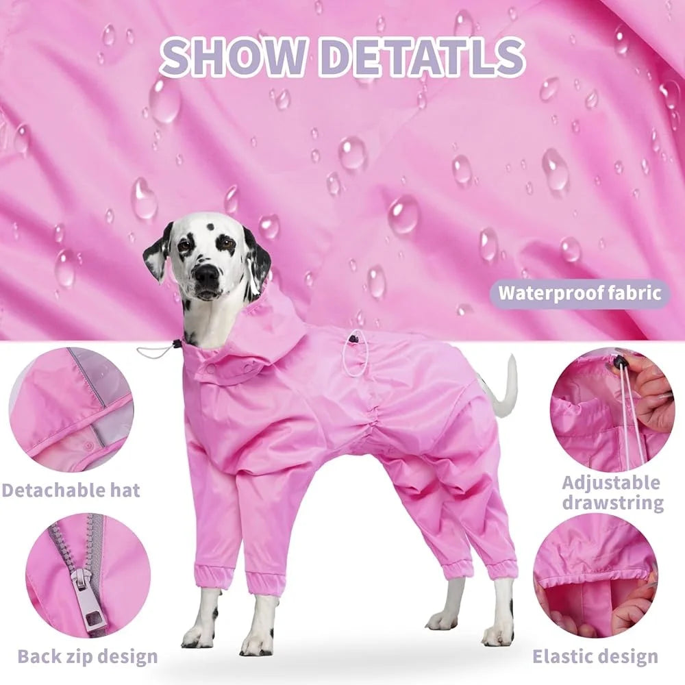 Rain Jacket Waterproof Dog Coat 4 Legs with Leash Hole Lightweight Reflective Poncho