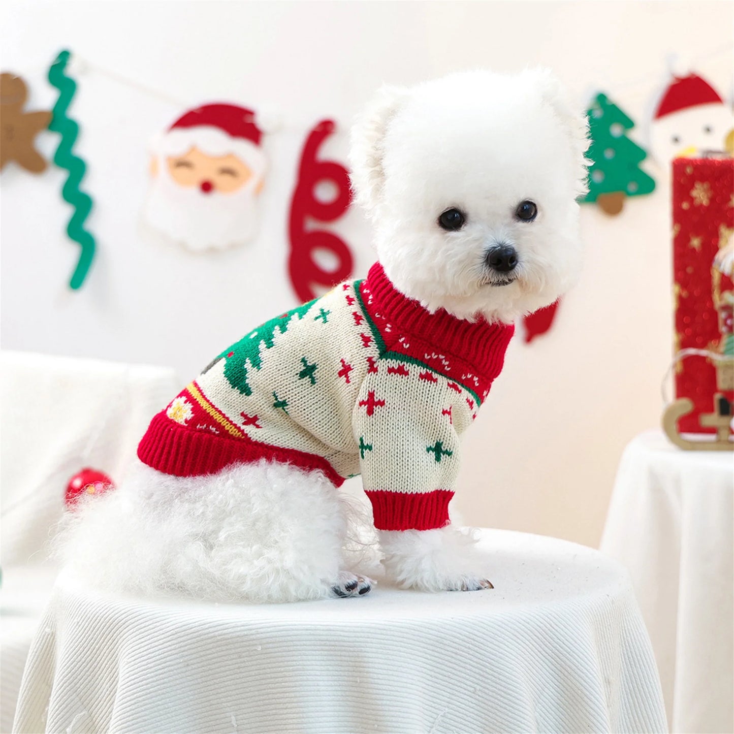 Christmas Reindeer Dog Sweater. Winter Holiday Clothes for Small Dogs Festive Xmas Tree Design Cozy Knit