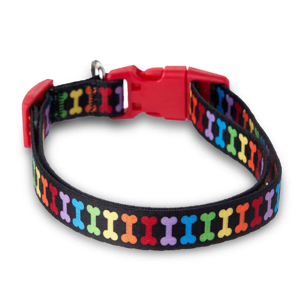 Multicolored Adjustable Dog Collar with Bone Print Pattern. Durable Polyester Easy Clip Leash Attachment