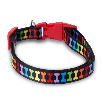 Multicolored Adjustable Dog Collar with Bone Print Pattern. Durable Polyester Easy Clip Leash Attachment