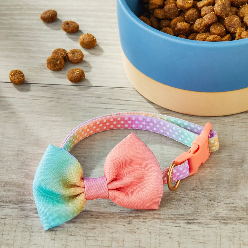 Multicolored Ombre Polka Dot Dog Collar with Bow Tie. Adjustable Small Size Durable Polyester Easy Leash Attachment