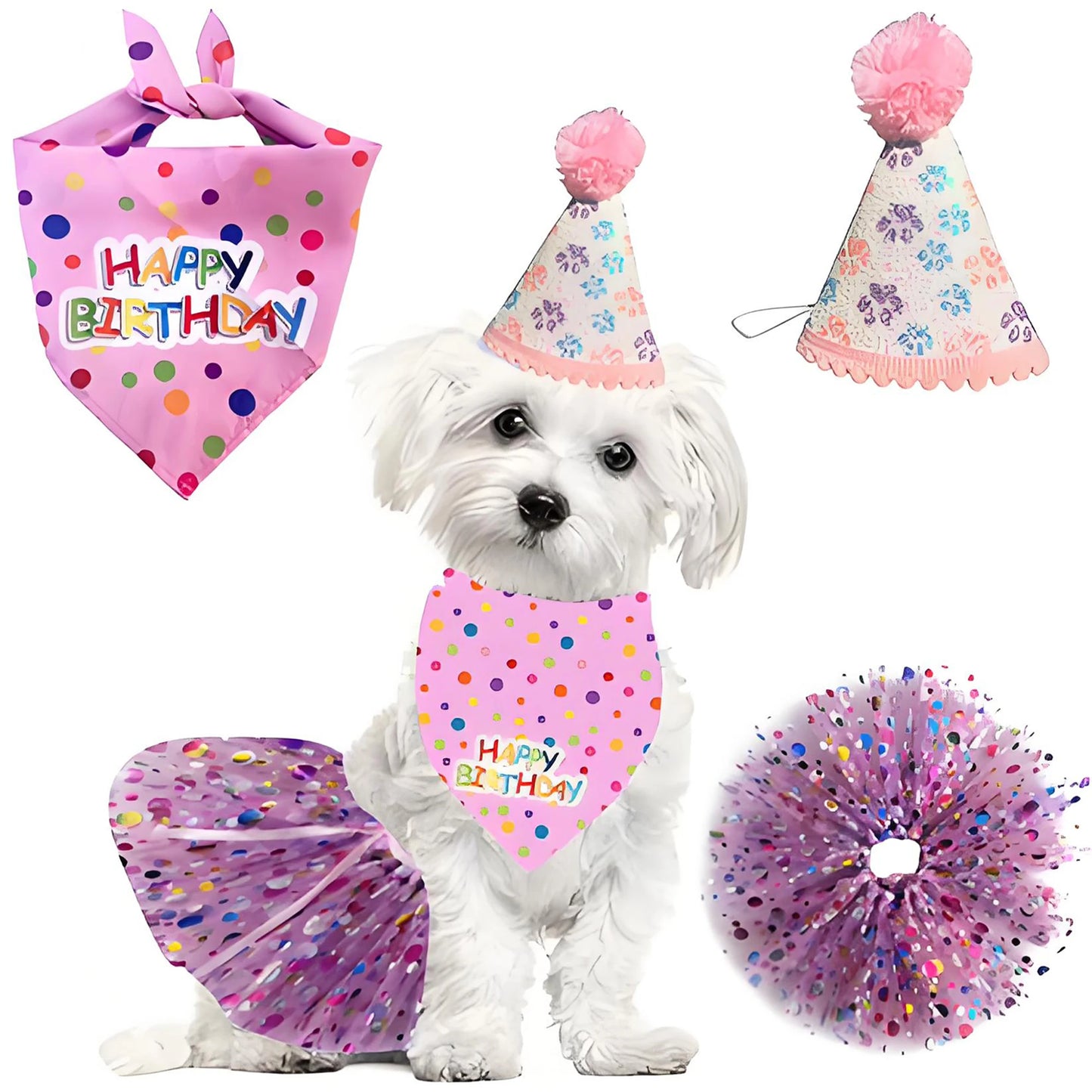 Cute Dog Birthday Costume Set. Adorable Party Hat with Matching Skirt and Scarf for Indoor and Outdoor Celebrations