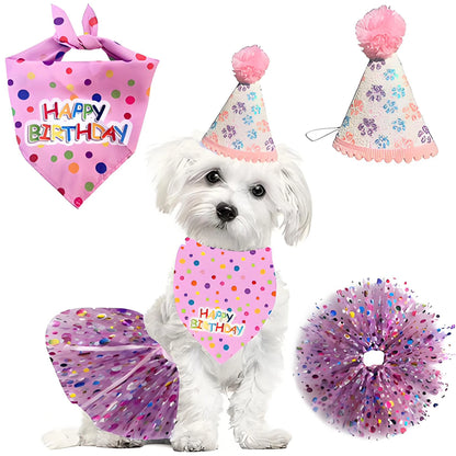 Cute Dog Birthday Costume Set. Adorable Party Hat with Matching Skirt and Scarf for Indoor and Outdoor Celebrations