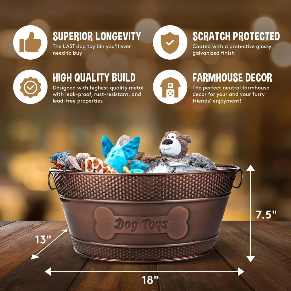 Metal Dog Toy Bin - Copper Galvanized Storage Bin with Handles, Dog Toy Box for Dog Chew Toys