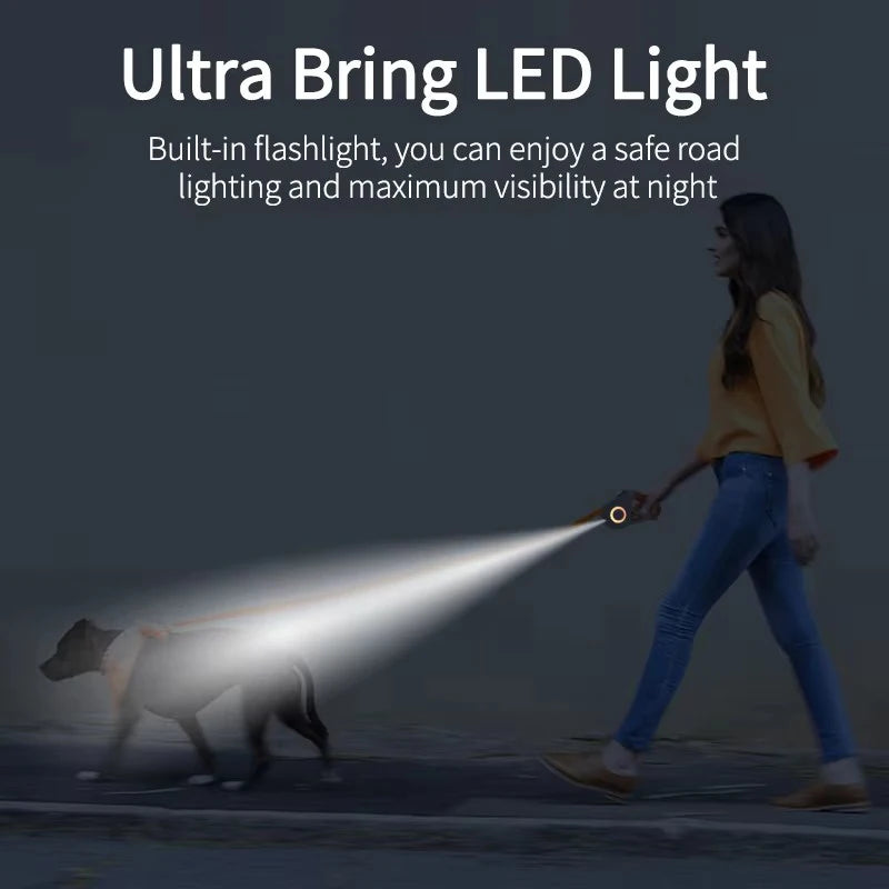 5M Automatic Retractable Dog Leash with LED Flashlight Durable Nylon Lead
