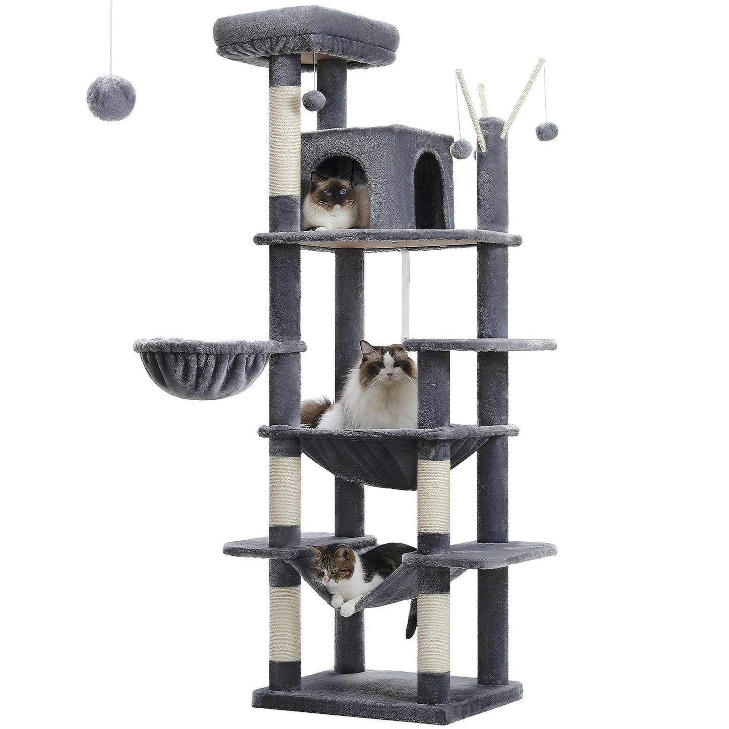 This Large Cat Tree is the ultimate multi-level playground for indoor cats. Featuring plush condos, sturdy scratching posts, cozy perches, and spacious caves, it provides endless entertainment, comfort, and climbing fun for y