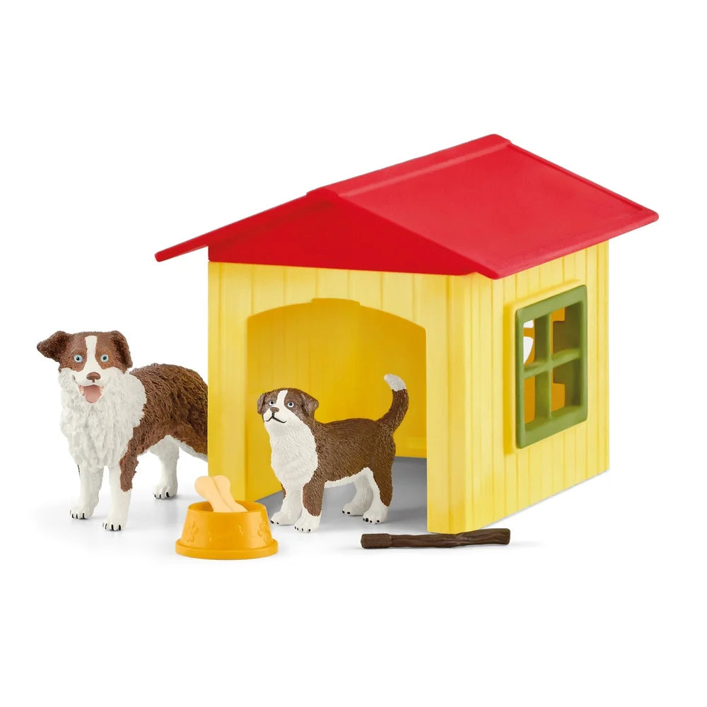 Friendly Dog House Playset with Australian Shepherd Figurines Toy Bone Dog Dish Puppy Accessories Indoor Outdoor Fun