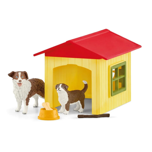 Friendly Dog House Playset with Australian Shepherd Figurines Toy Bone Dog Dish Puppy Accessories Indoor Outdoor Fun