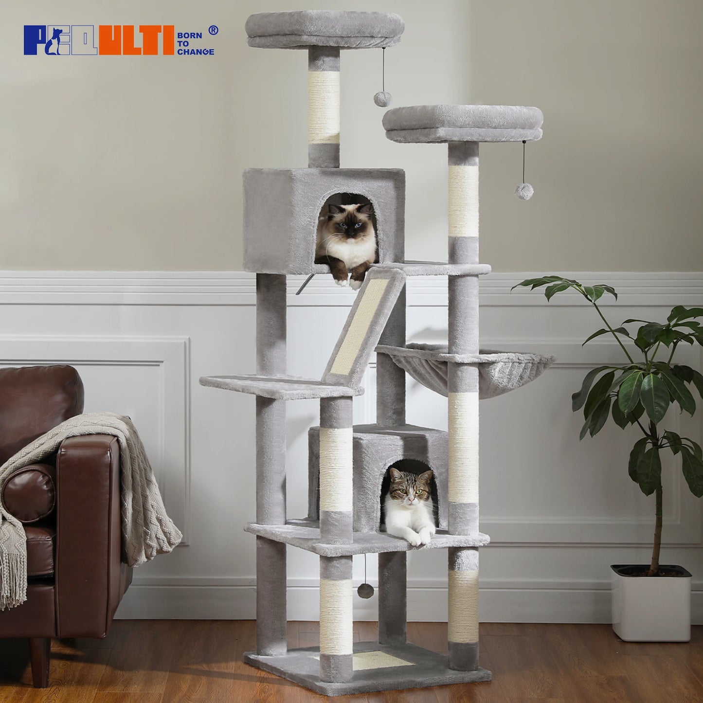 This Large Cat Tree is the ultimate multi-level playground for indoor cats. Featuring plush condos, sturdy scratching posts, cozy perches, and spacious caves, it provides endless entertainment, comfort, and climbing fun for y
