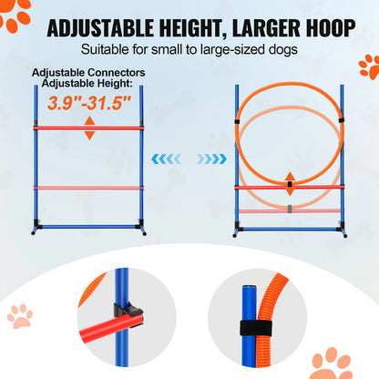 Dog Agility Training Equipment 4 PCS Set with Adjustable High Hurdles  Poles Jump Ring Square Pause Box Whistle