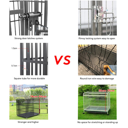 XXL Heavy Duty Dog Crate with 4 Lockable Wheels 3 Doors and Removable Tray Metal Cage Playpen