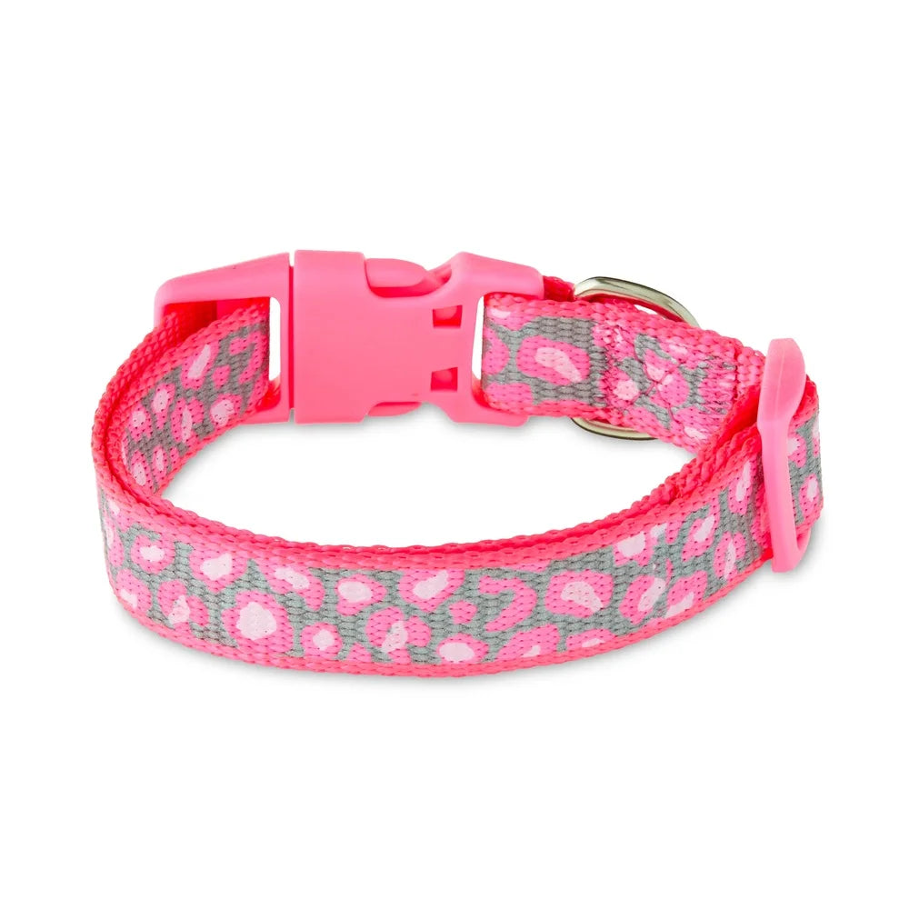 Reflective Cheetah Print Dog Collar Small Adjustable Pink Iridescent Clasp D-Ring Leash Attachment Safety Fashionable Daily Use