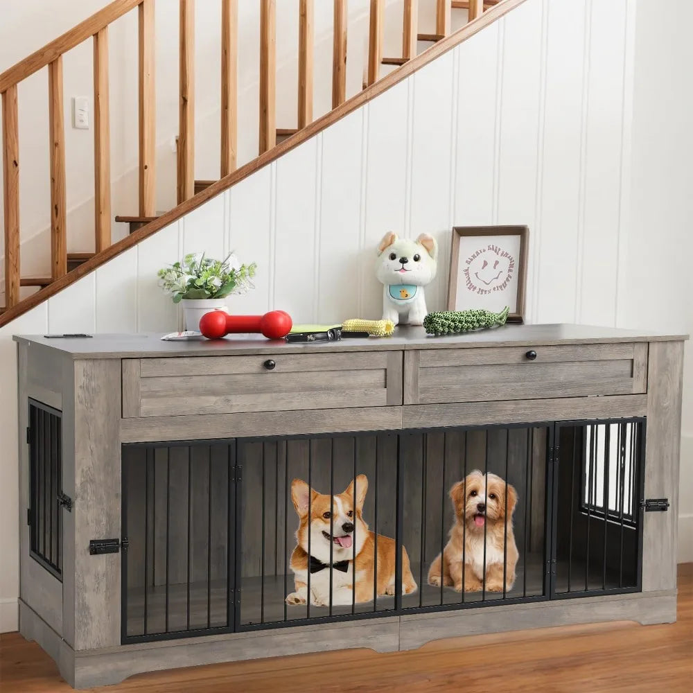 Wooden Dog Cage End Table with Charging Station Heavy Duty Indoor