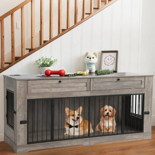 Wooden Dog Cage End Table with Charging Station Heavy Duty Indoor