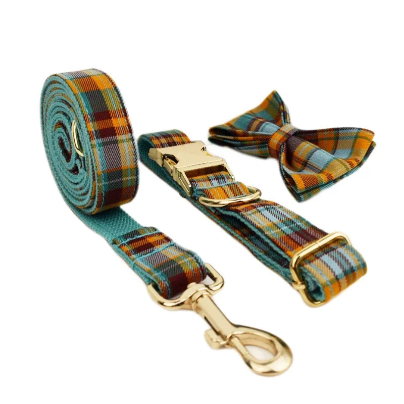 High Quality Custom Design Logo Cotton Pet Accessories Personalized Dog Collar Leashes Harness Bow Set