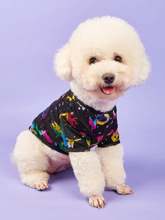 Halloween Dog T-Shirt, Black Short - Sleeve with Colorful Glittery Bats & Pumpkins & Stars Print