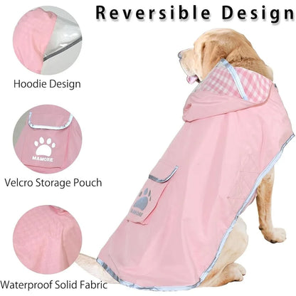 Waterproof Reversible Dog Raincoat Slicker with Reflective Trim Hood Leash Hole Outdoor Use