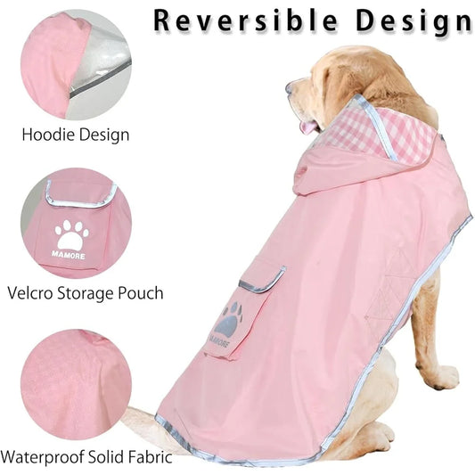 Waterproof Reversible Dog Raincoat Slicker with Reflective Trim Hood Leash Hole Outdoor Use
