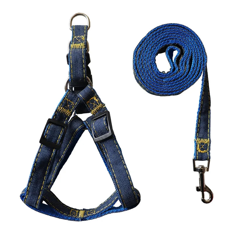 Denim Dog Collar Harness Set, Pet Accessories, Puppy and Cat Collar, Chest Strap, Pug Vest, Outdoor Walking Lead Leash