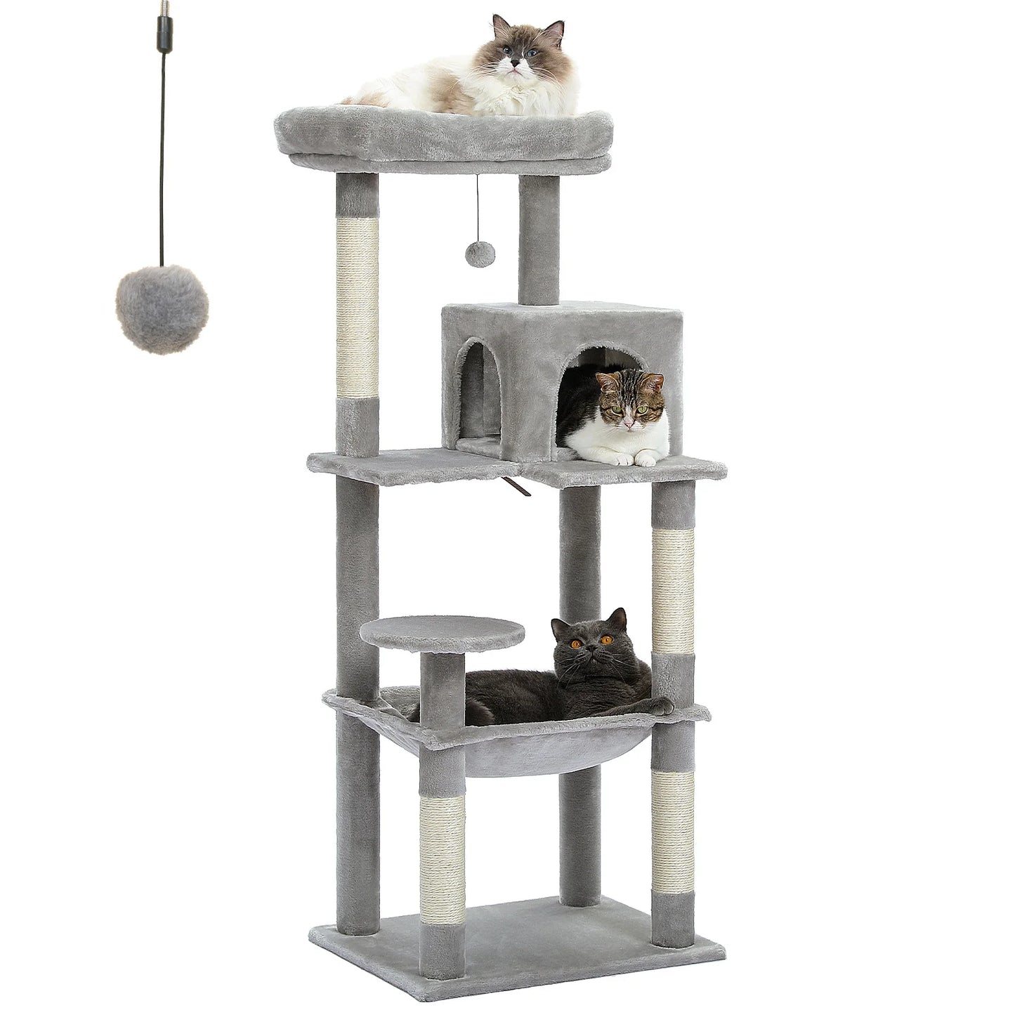 This 5-Level Cat Tree Tower is perfect for large indoor cats to climb, play, and relax. It features sisal-covered scratching posts, a cozy condo, a spacious hammock, and a top perch for ultimate comfort and entertainment.