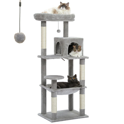 This 5-Level Cat Tree Tower is perfect for large indoor cats to climb, play, and relax. It features sisal-covered scratching posts, a cozy condo, a spacious hammock, and a top perch for ultimate comfort and entertainment.