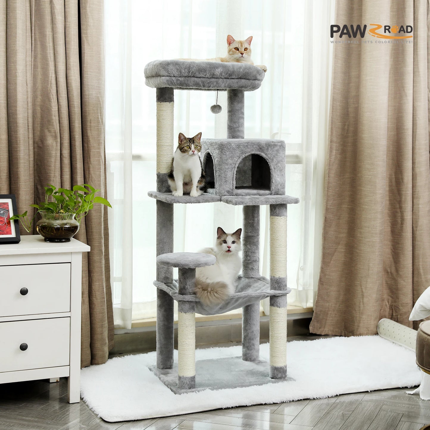 This 5-Level Cat Tree Tower is perfect for large indoor cats to climb, play, and relax. It features sisal-covered scratching posts, a cozy condo, a spacious hammock, and a top perch for ultimate comfort and entertainment.