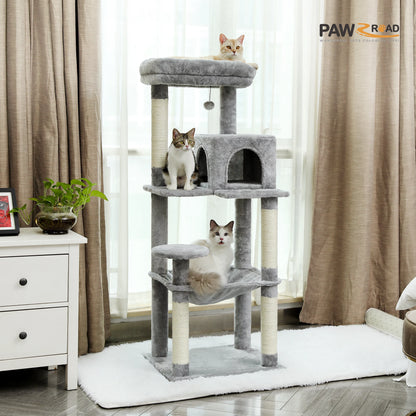 This 5-Level Cat Tree Tower is perfect for large indoor cats to climb, play, and relax. It features sisal-covered scratching posts, a cozy condo, a spacious hammock, and a top perch for ultimate comfort and entertainment.