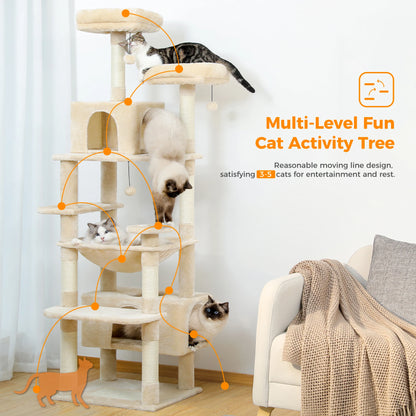 This Large Cat Tree and Tower is perfect for indoor cats to play, climb, and relax. Featuring sisal-covered scratching posts, spacious hammocks, padded perches, cozy condos, and engaging cat toys, it provides endless entertai