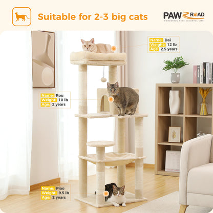 This 5-Level Cat Tree Tower is perfect for large indoor cats to climb, play, and relax. It features sisal-covered scratching posts, a cozy condo, a spacious hammock, and a top perch for ultimate comfort and entertainment.