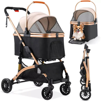 Dog Buggy 2 in 1 Stroller.   Transport Foldable Cat Stroller, 360° Wear-resistant Rubber Wheels, with Storage Basket