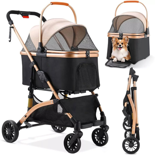Dog Buggy 2 in 1 Stroller.   Transport Foldable Cat Stroller, 360° Wear-resistant Rubber Wheels, with Storage Basket