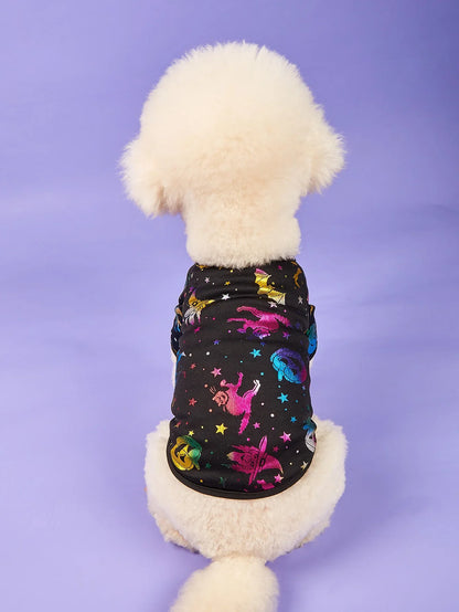 Halloween Dog T-Shirt, Black Short - Sleeve with Colorful Glittery Bats & Pumpkins & Stars Print