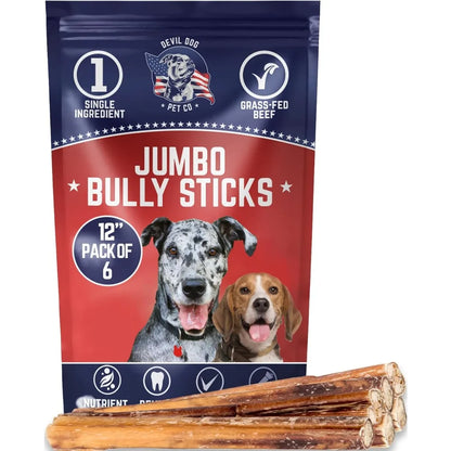 Jumbo Bully Sticks – 12 Inch, 6 Pack Dog Chews, 100% Natural, Single Ingredient, Free-Range Grass-Fed Beef – Long Lasting