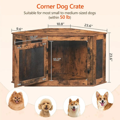 Corner Dog Crate Furniture, Wooden Kennel End Table, Decorative Indoor Use