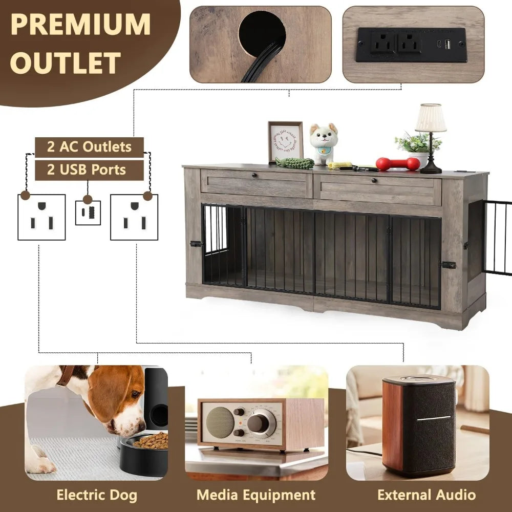 Wooden Dog Cage End Table with Charging Station Heavy Duty Indoor