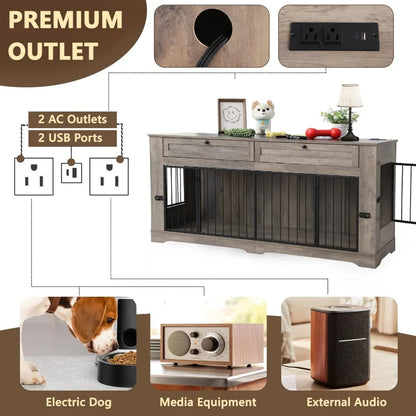 Wooden Dog Cage End Table with Charging Station Heavy Duty Indoor