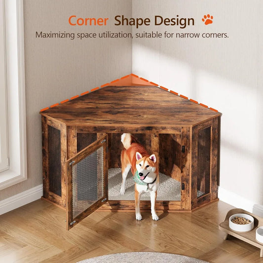 Corner Dog Crate Furniture, Wooden Kennel End Table, Decorative Indoor Use