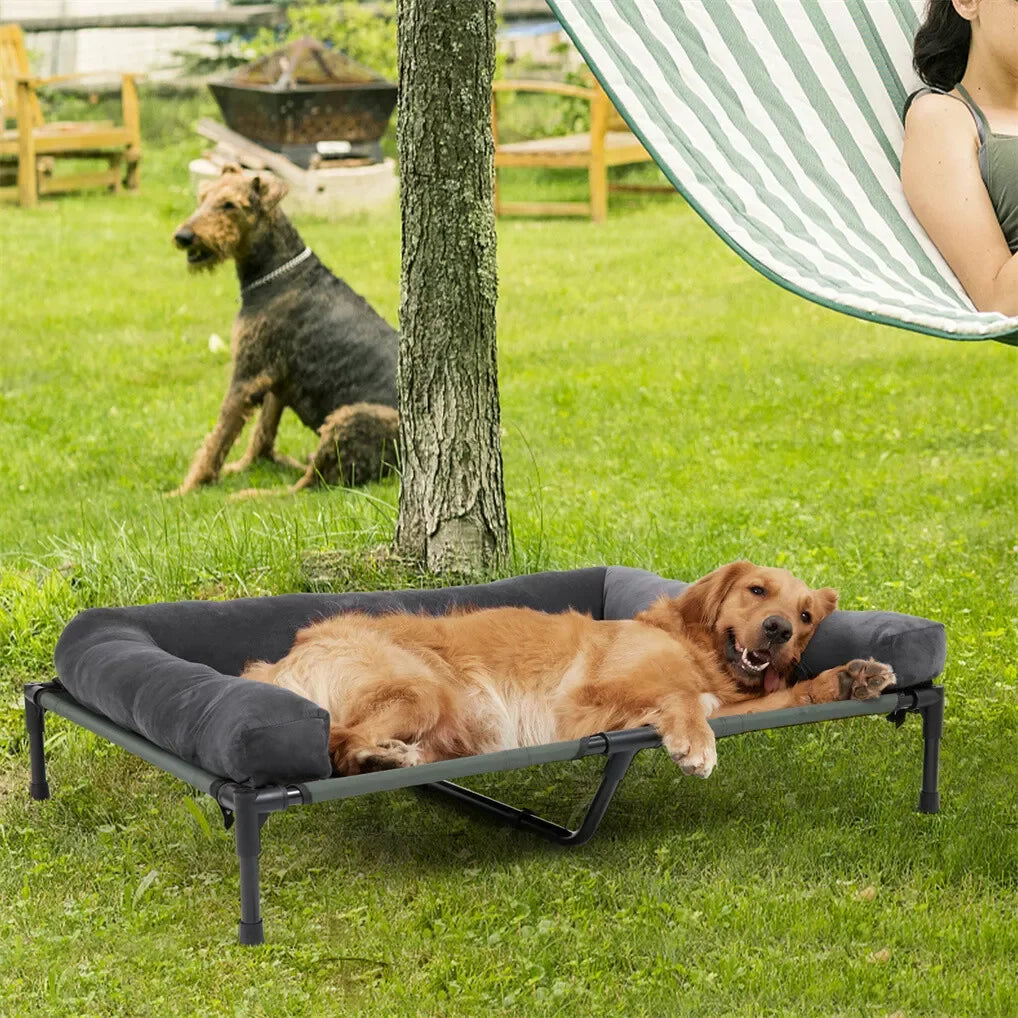 Outdoor Elevated Bed.  Cooling Lounger. Mesh Cot perfect for Camping. Bed with Detachable Plush Bolster