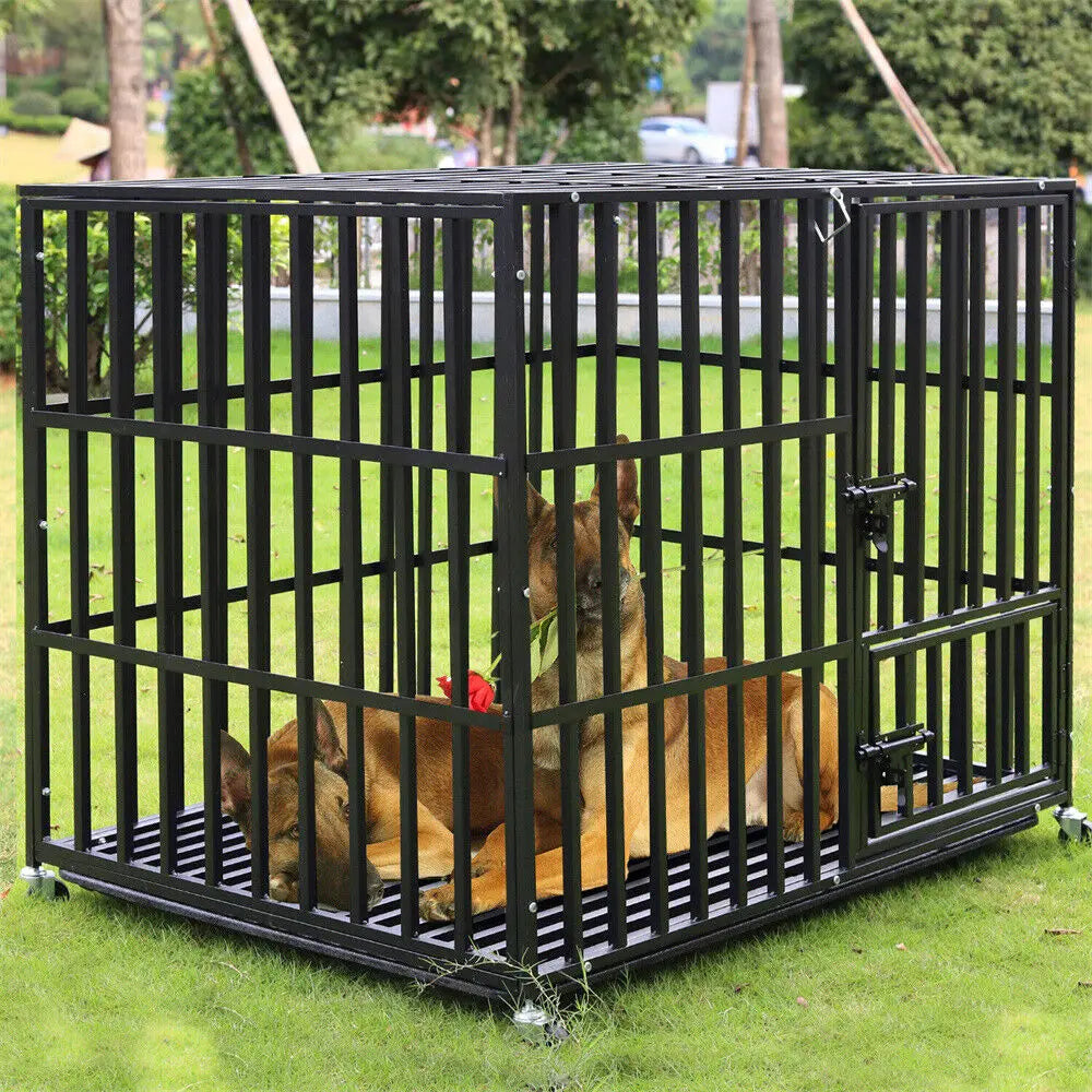 XXL Heavy Duty Dog Crate with 4 Lockable Wheels 3 Doors and Removable Tray Metal Cage Playpen