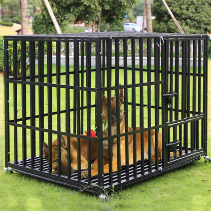 XXL Heavy Duty Dog Crate with 4 Lockable Wheels 3 Doors and Removable Tray Metal Cage Playpen
