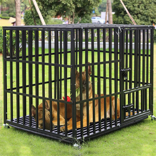 XXL Heavy Duty Dog Crate with 4 Lockable Wheels 3 Doors and Removable Tray Metal Cage Playpen
