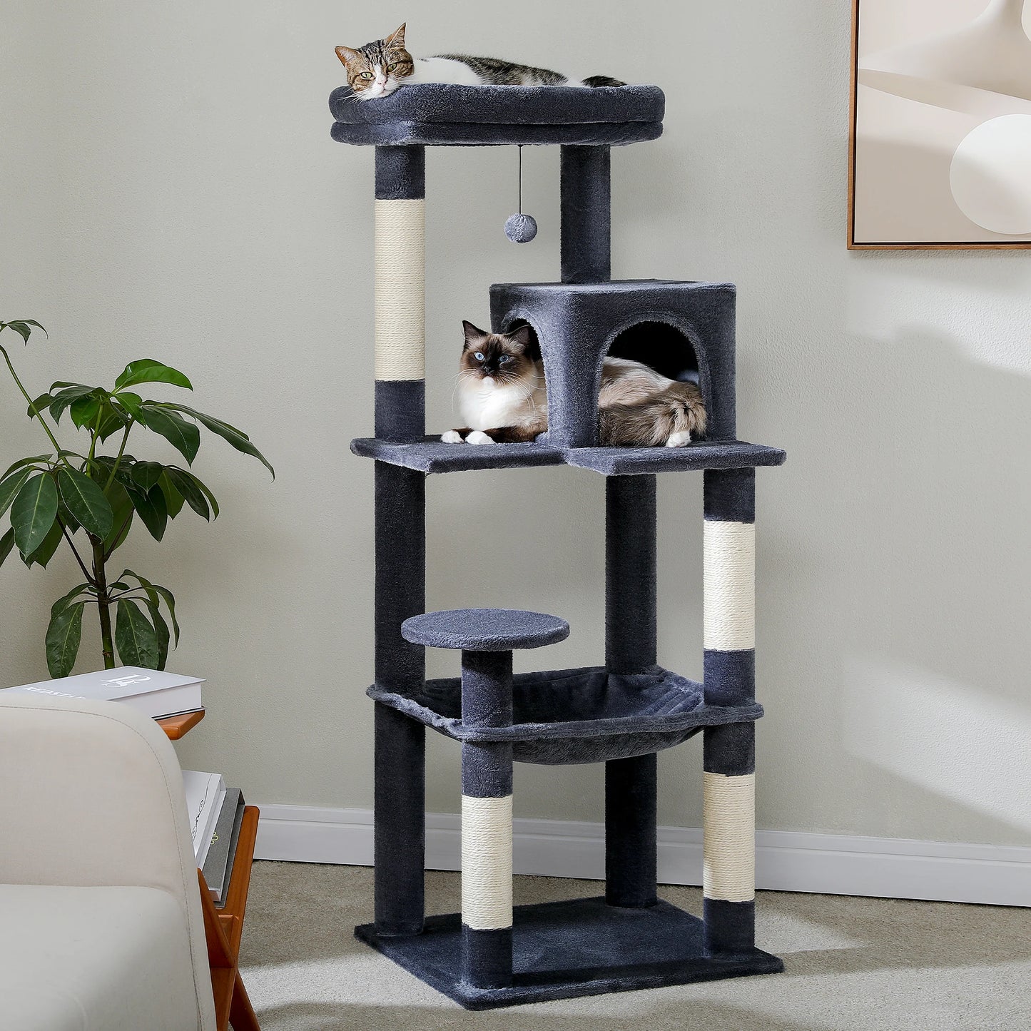 This 5-Level Cat Tree Tower is perfect for large indoor cats to climb, play, and relax. It features sisal-covered scratching posts, a cozy condo, a spacious hammock, and a top perch for ultimate comfort and entertainment.